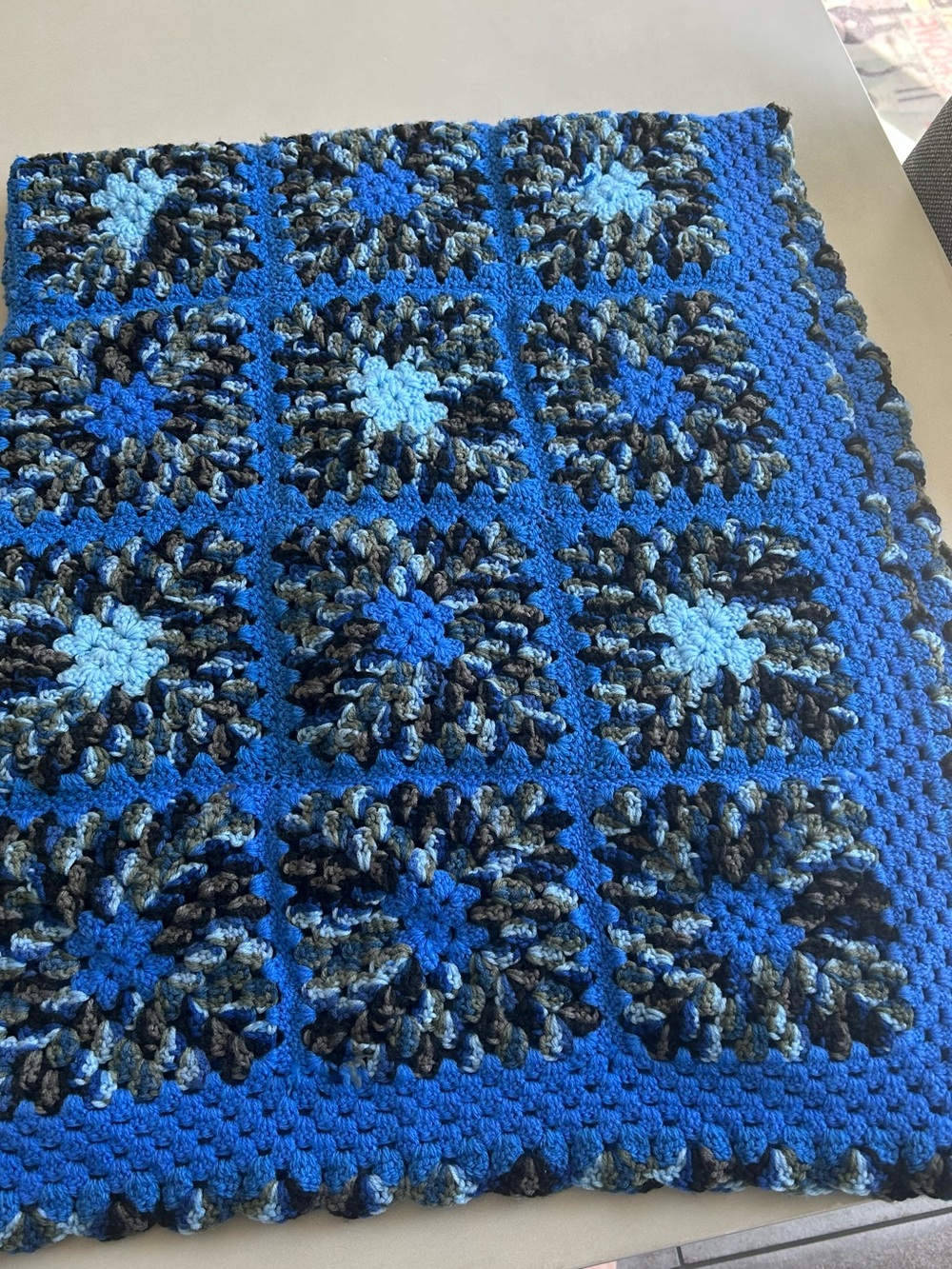 Handmade Crochet Afghan Throw in Blue and Brown Shades.  52.5”X44”